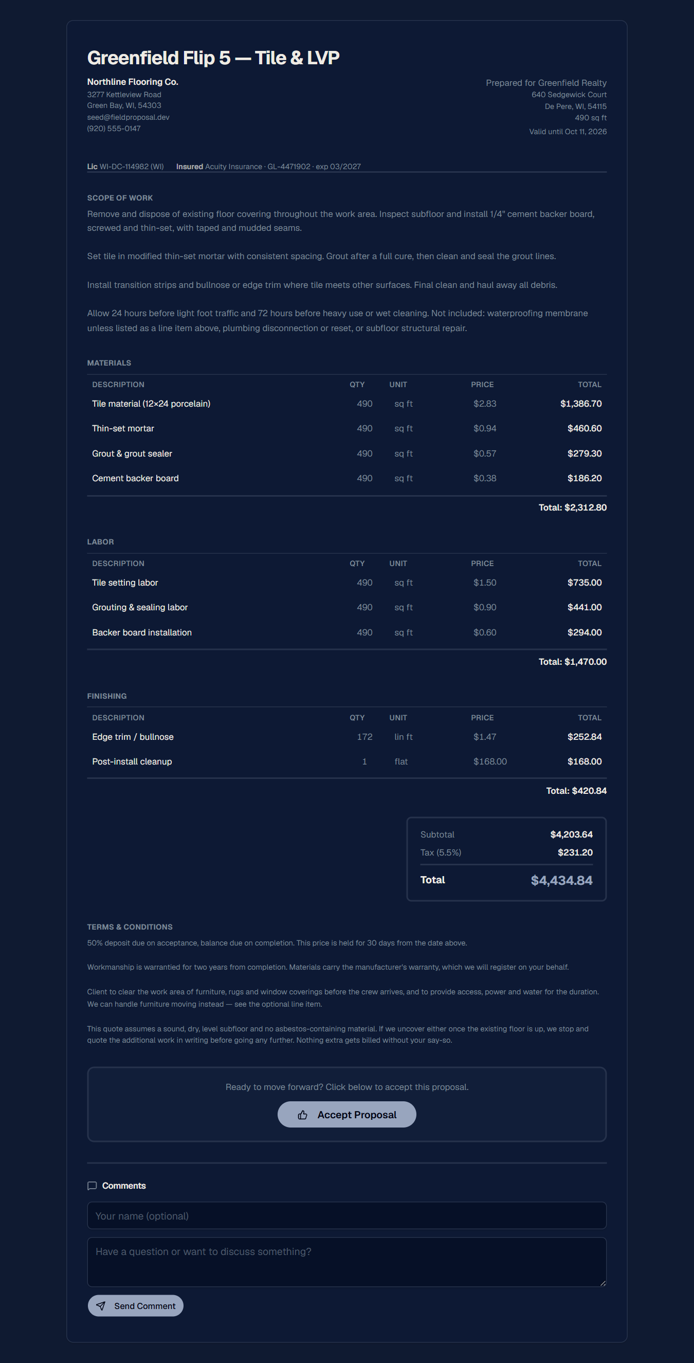 The proposal as the client sees it on their phone, with line items, totals and an Accept Proposal button.